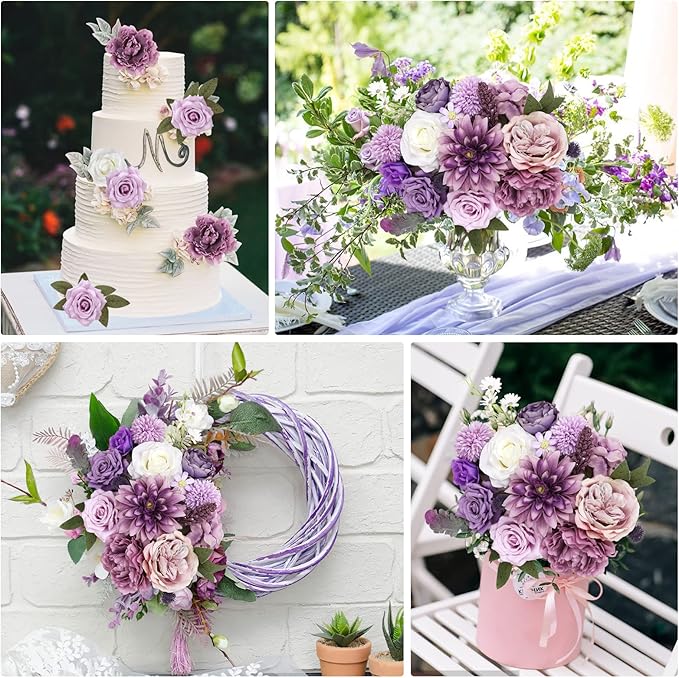 AmyHomie Artificial Purple Flowers Combo Silk Mix Peony Rose Hydrangea Fake - Image 5