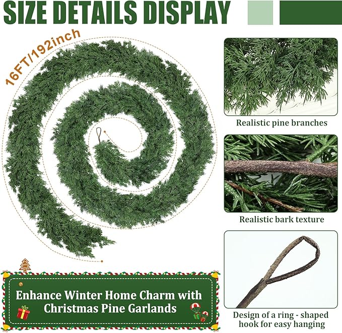 16ft Christmas Cedar Garland, Real Touch Pine Garland, Realistic Cypress - Image 2