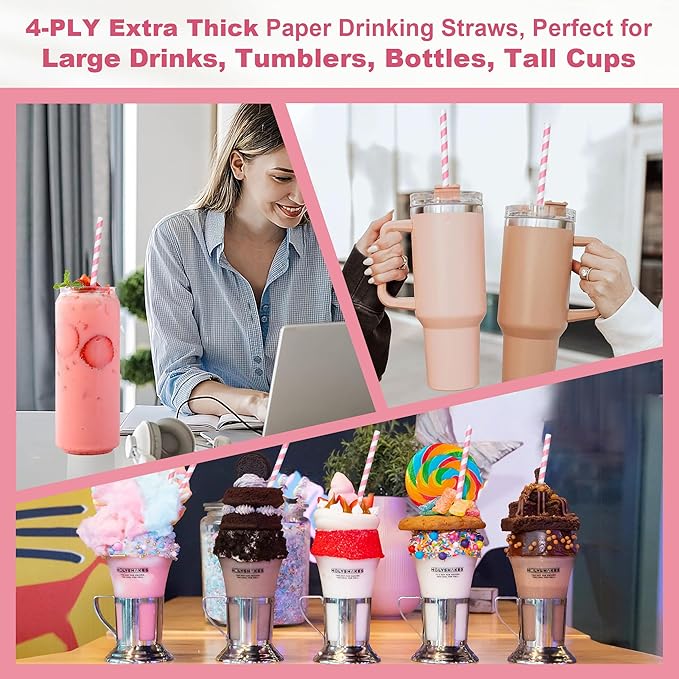 14 inch Extra Long Disposable Pink/White Striped Paper Drinking Straws 0.31" - Image 4
