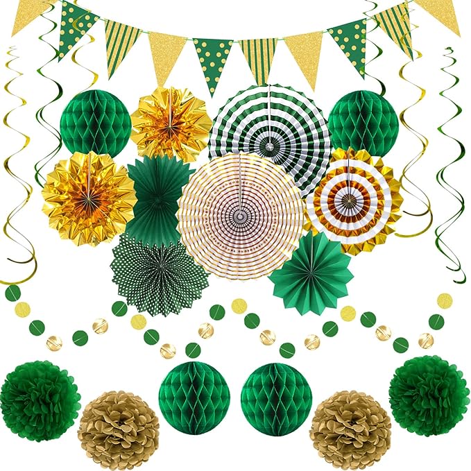 Green Gold Party Decorations Paper Fans, Graduation Season Hanging Glitter by YIOTJUNL