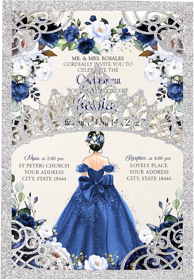 50Pcs Navy Blue Crown Invitations by DreamBuilt