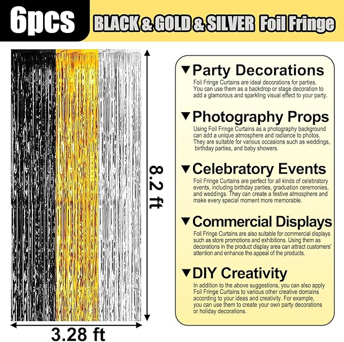 6 Pack Black Gold Silver Foil Fringe Curtain Backdrop, 3.28Ft x 8.2Ft Metallic - Image 2