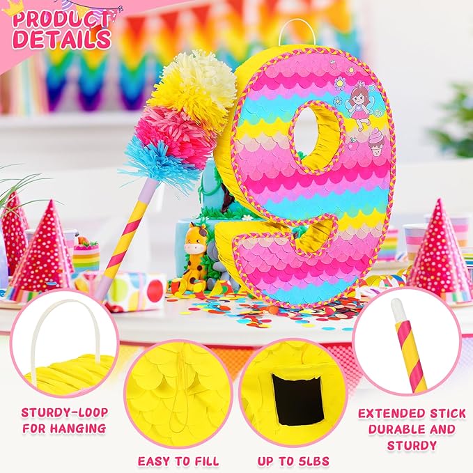 Number 9 Pinata for Birthday Party Decorations, Unicorn Mermaid Theme Pink - Image 5