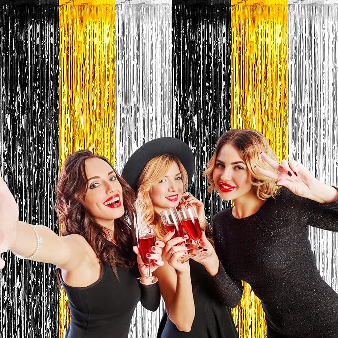 4 Pack Black Gold Silver Foil Fringe Curtain Backdrop, 3.28Ft x 9.8Ft Metallic - Image 6