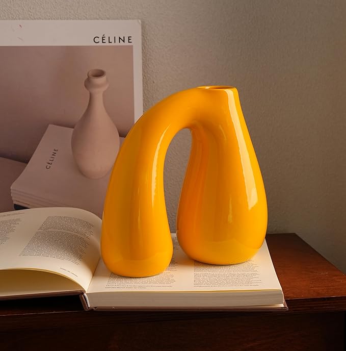Yellow Ceramic Vase – Glossy Modern Sculptural Décor, Arch Handle Artistic - Image 8