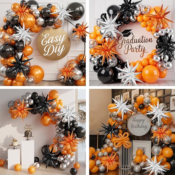 Black Orange Silver Star Balloons - Image 7