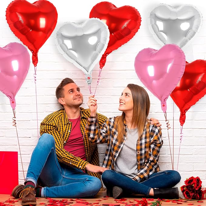 24 Pcs Red Pink Silver Heart Balloons, 18 inch Heart Foil Balloons Love - Image 4