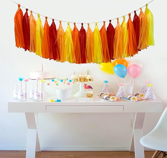 Red Orange Yellow Tissue Paper Tassel Garland, Tissue Tassel Banner - Image 5