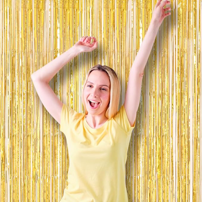 2 Pack Laser Gold Foil Fringe Backdrop Curtains, Tinsel Streamers Birthday - Image 6
