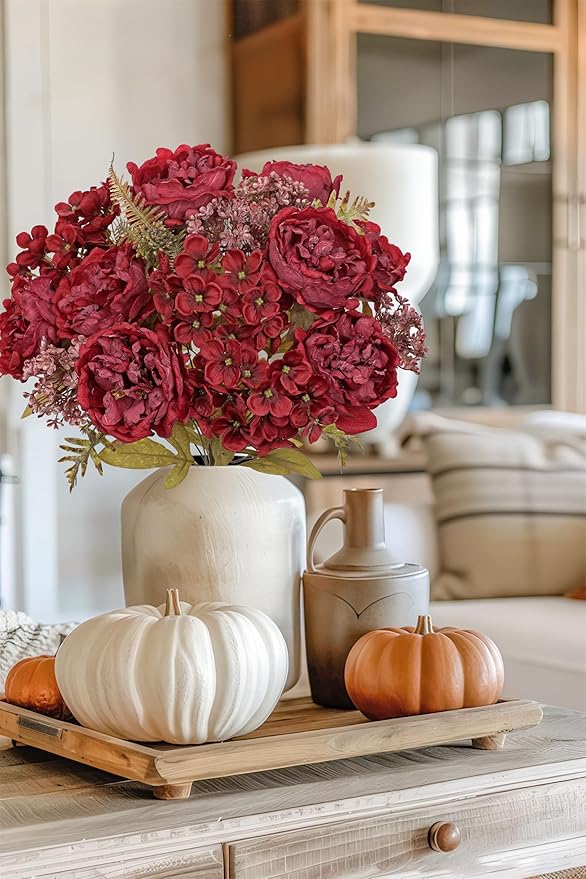 Hollyone 2 Bundles Artificial Fall Flowers Bouquet 18.8" Red Peony Hydrangea - Image 5