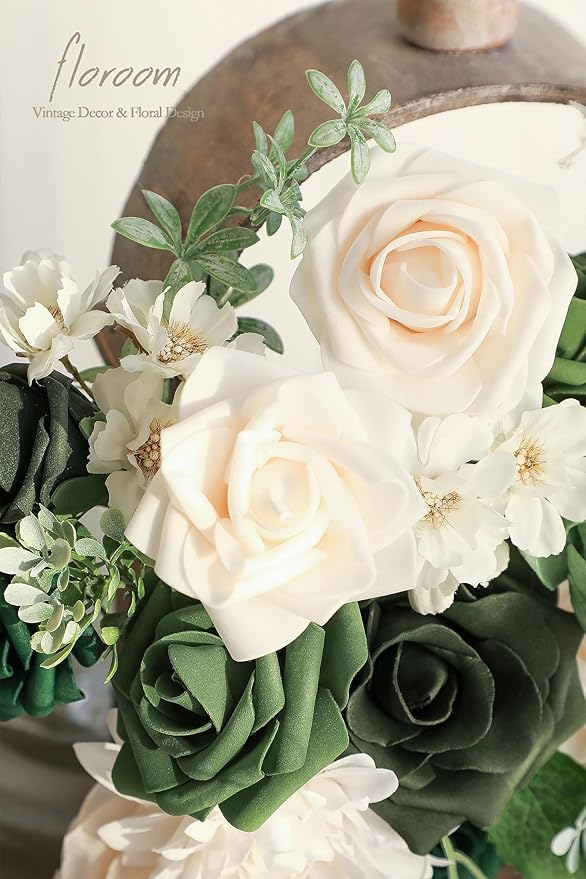 Floroom Olive Green Artificial Flowers Forest Green Fake Roses Peonies Dahlia - Image 5