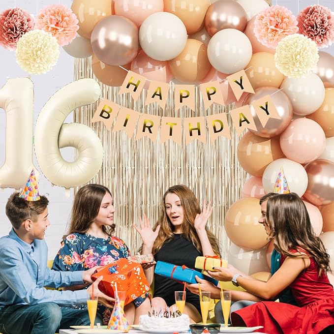 Beige 16th Birthday Decorations Girls Boys Cream Number 16 Balloon Nude Gold - Image 7