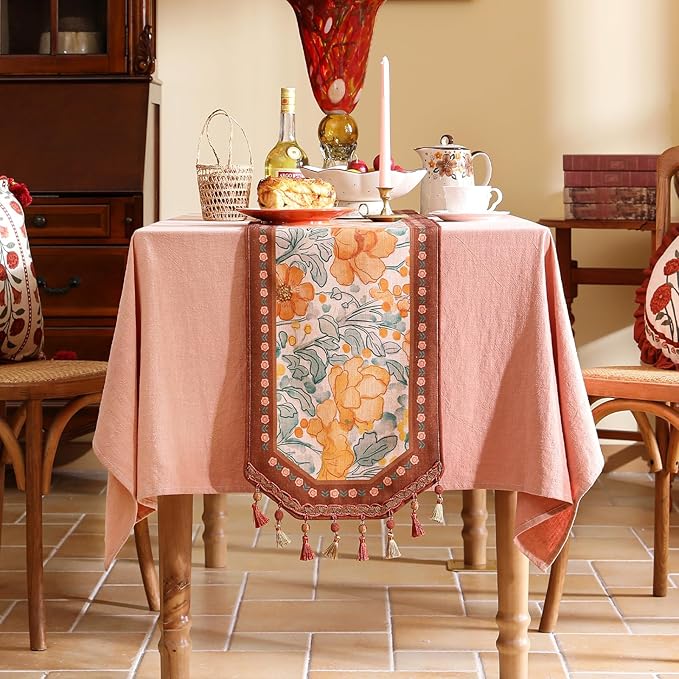 Designer Vintage Orange Floral Small Table Runner, French Farmhouse Soft Linen - Image 2