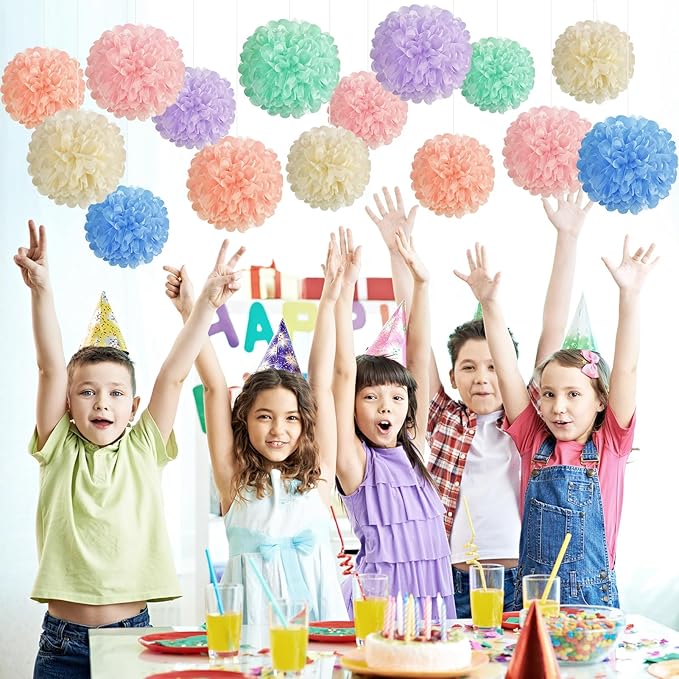 EASY JOY 15PCS Pastel Paper Tissue Pom Poms Decoration Macaron Rainbow Candy - Image 5
