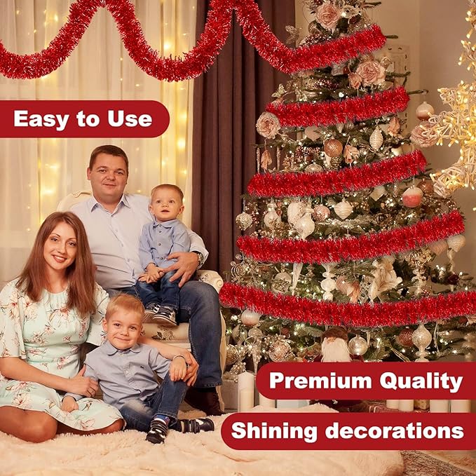 25 Feet Red Christmas Tinsel Garland, Metallic Foil Twist Banner Wall Hanging - Image 4
