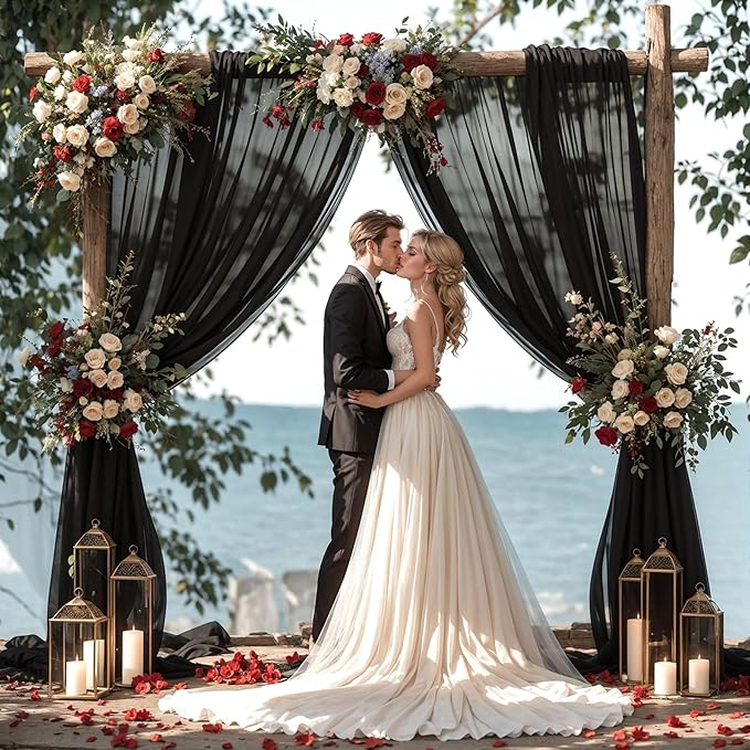 Wedding Arch Draping Fabric, 2 Panels 18FT Black Sheer Chiffon Curtain Drapes 6 - Image 5