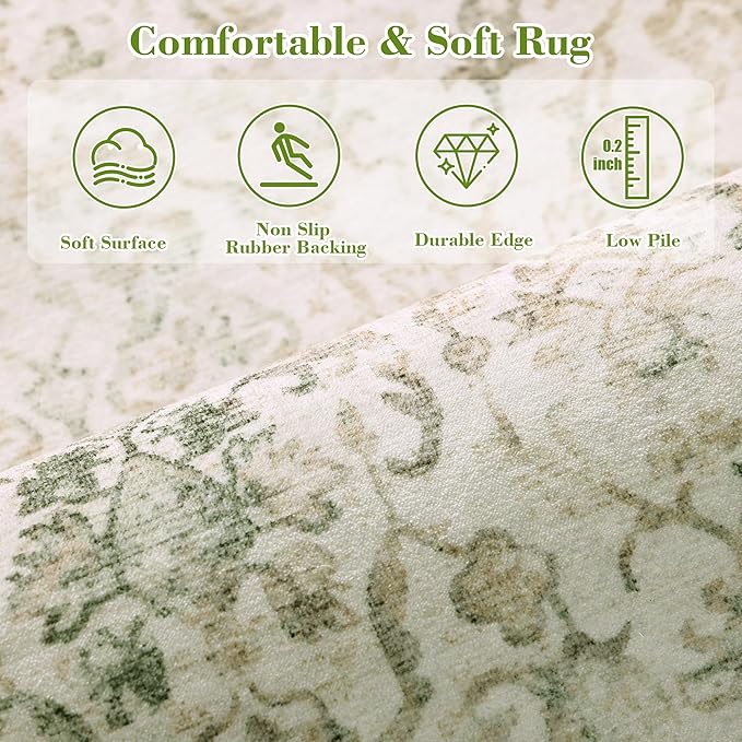 Green 2x6 Runner Rug for Hallways Bed Side Kitchen, Boho Washable Distressed - Image 5