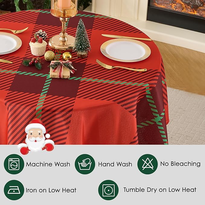 Christmas Tablecloth Round 60 Inch Waterproof, Machine Washable Checkered - Image 4