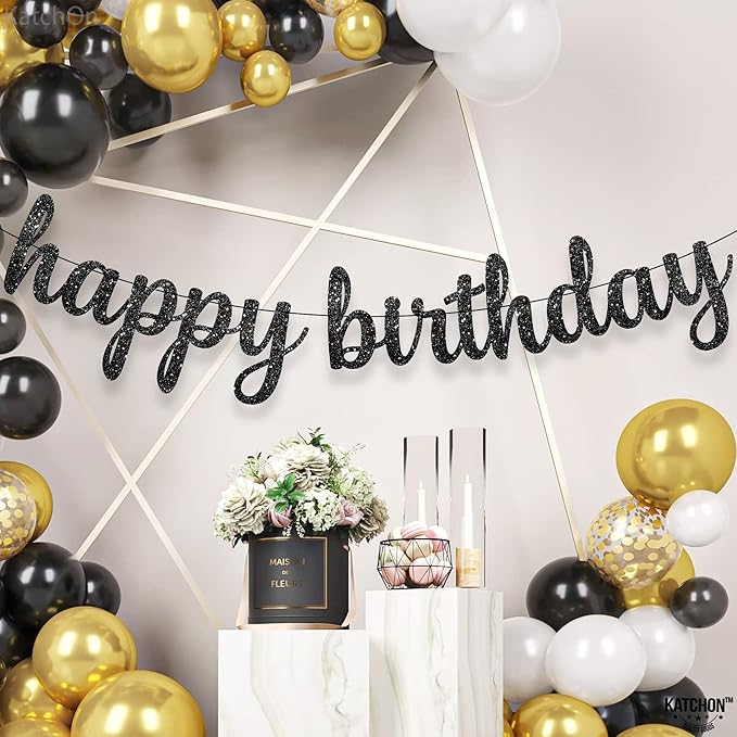 KatchOn, Glitter Cursive Black Happy Birthday Banner - Image 6
