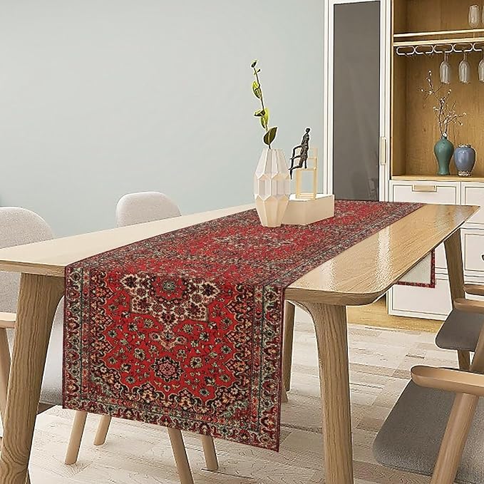 Vintage Boho Red Table Runner, Elegant Mid Century - Image 2