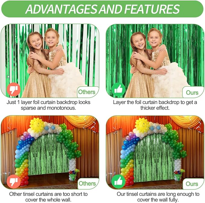 Crosize 2 Pack 3.3 x 9.9 ft Green Foil Fringe Backdrop Curtain, Streamer - Image 5