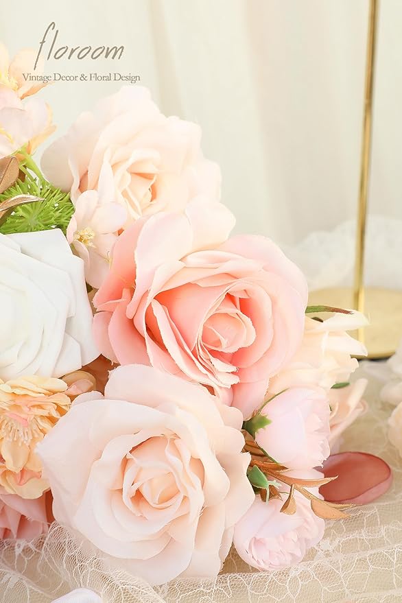 Floroom Blush Peach Pink Artificial Flowers Cream Fake Roses Peonies and - Image 4