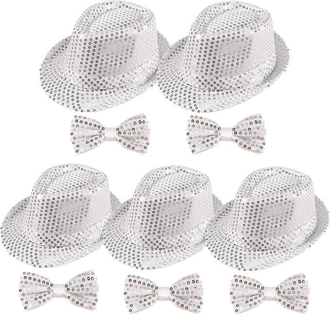 10 Pcs Unisex Sequin Fedora Hat Sequin Bow Ties Set Bling Retro Dance Jazz Cap by Elfcool