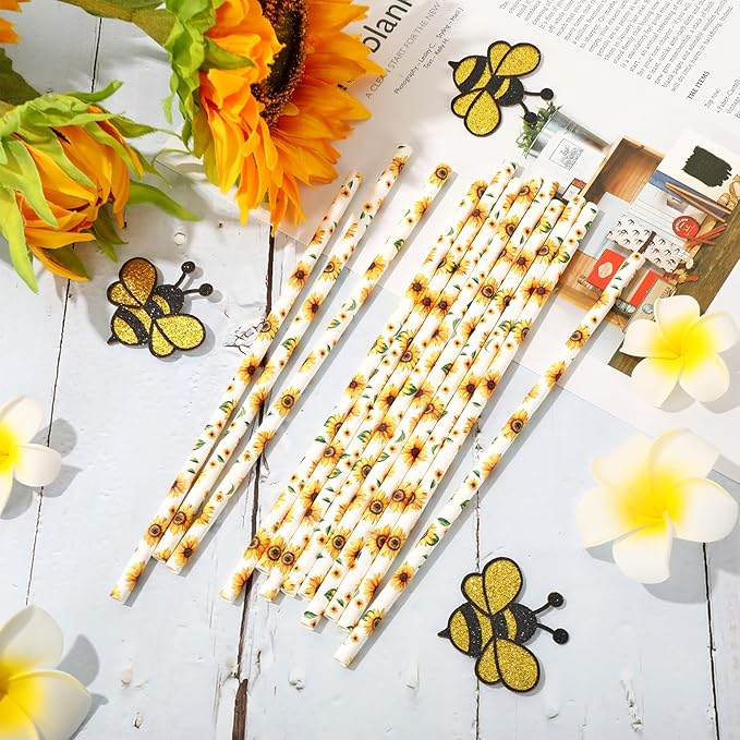 200Pcs Sunflower Paper Straws Watercolor Yellow Floral Disposable Drinking - Image 3