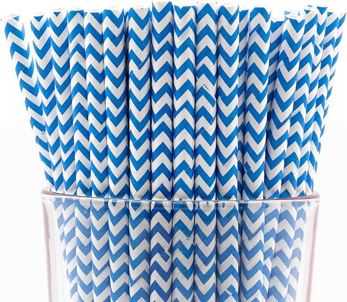 Pack of 300 Sky Blue Chevron Biodegradable 4-Ply Paper Drinking Straws by Stephanie+Imports