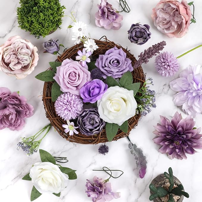 AmyHomie Artificial Purple Flowers Combo Silk Mix Peony Rose Hydrangea Fake - Image 6