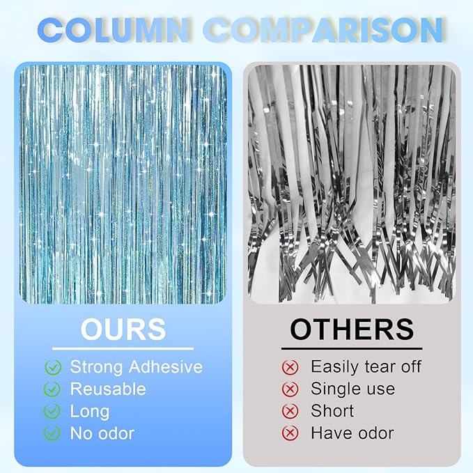 2 Pack Laser Light Blue Foil Fringe Curtains, Tinsel Streamers Birthday Party - Image 4