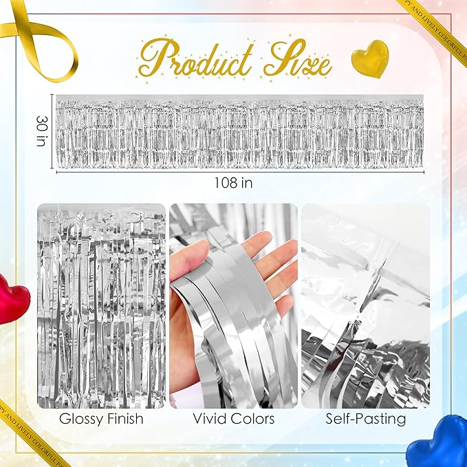 3 Pack Red Dark Blue Silver Table Skirts, 29x108" Metallic Foil Tinsel Fringe - Image 3
