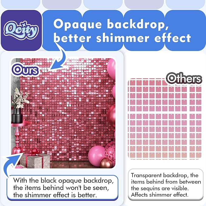 Qcity Pink Shimmer Wall Backdrop 36PCS, Square Sequin Glitter Backdrop Panel - Image 9
