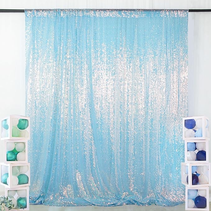 ShinyBeauty 10x10FT Iridescent Aqua Blue Sequin Backdrop Shimmer Wall Photo - Image 2
