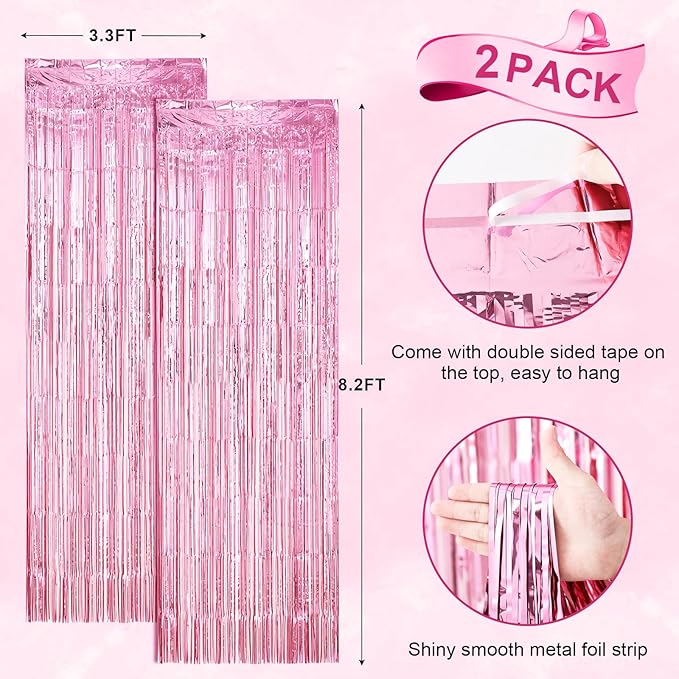 2 Pack Light Pink Foil Fringe Backdrop Curtains, Tinsel Streamers Birthday - Image 3