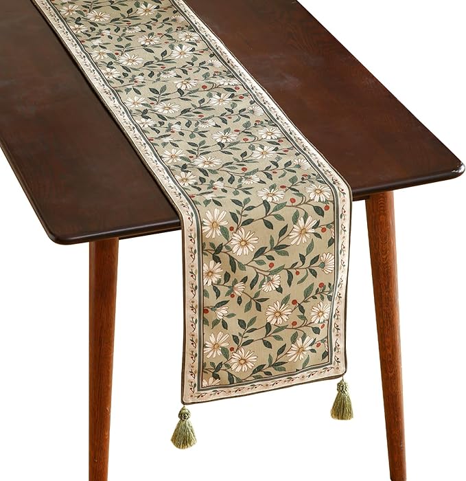 ISAENNE Designer Green Elegant Linen Table Runner 71 Inches Long, Flower and by Isaennehomedecoration