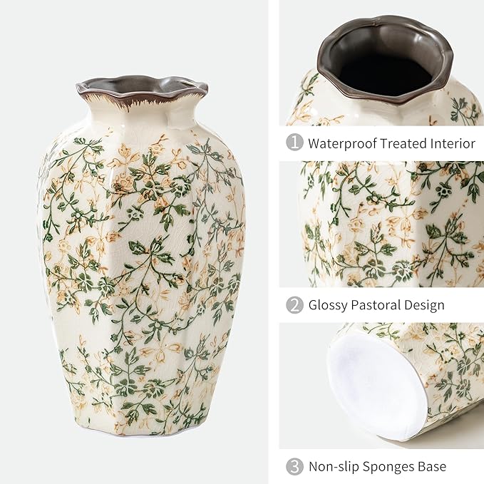 Vintage Pastoral Octagonal Vase, Rustic Farmhouse Vases Chinoiserie Floral - Image 5