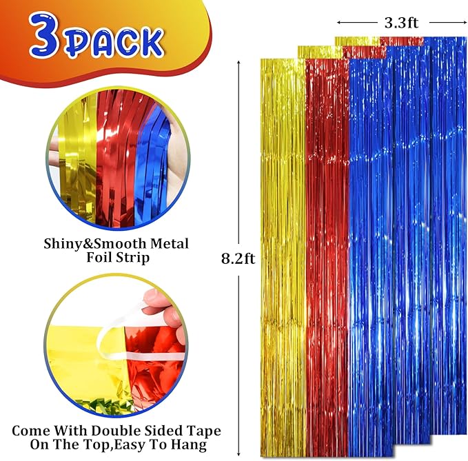 3 Pack 3.3 x 8.2 ft Blue Red Gold Foil Fringe Backdrop Curtains, Tinsel - Image 2