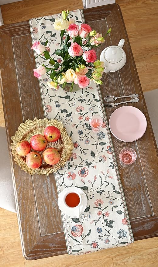 ISAENNE Designer Chinoiserie Elegant Linen Floral Extra Long Table Runner 118 - Image 7