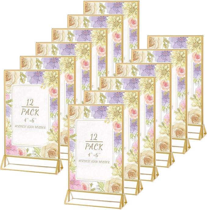 12 Pack Gold Acrylic Sign Holder 4x6 Picture Frame, Double Sided Gold Table by YAYODS