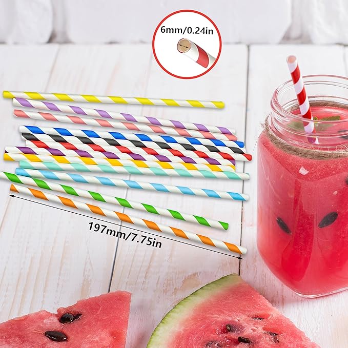 200 Striped Paper Straws, Biodegradable Disposable Drinking Colorful Straws - Image 2