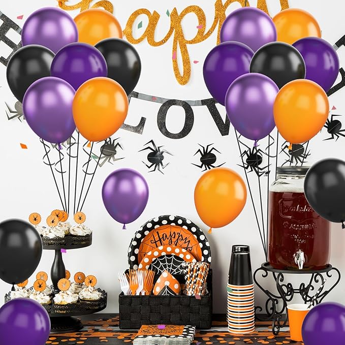 FunHot Halloween Party Balloons, 12 Inch Metallic Purple Black Latex Balloons - Image 5