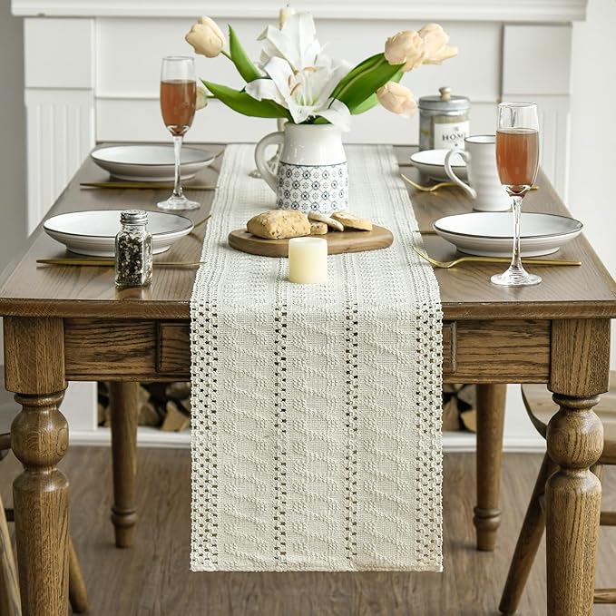 Artoid Mode Beige Farmhouse Woven Rustic Hollow Table Runner, Seasonal Holiday - Image 2
