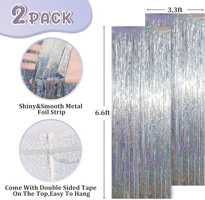 2 Pack Laser Silver Tinsel Foil Fringe Curtains, Metallic Tinsel Party - Image 3
