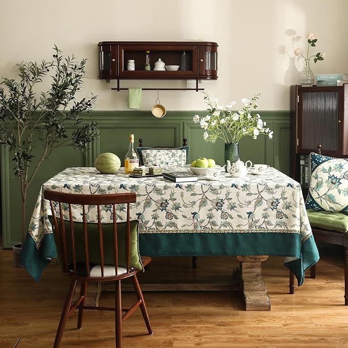 patdrea Designer Green Linen Extra Long Rectangle Tablecloth, Vintage Floral - Image 9