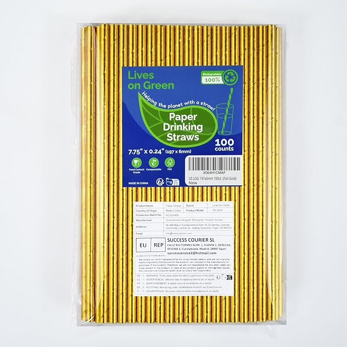 7.75 inch Compostable Gold Paper Straws 100 Counts - Image 9