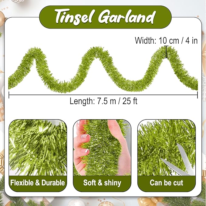 25 Feet Light Green Christmas Tinsel Garland, Metallic Foil Twist Banner Wall - Image 2