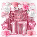 17th Birthday Decorations for Girls Pink Number 17 Balloon Bow Coquette Happy by KAINSY