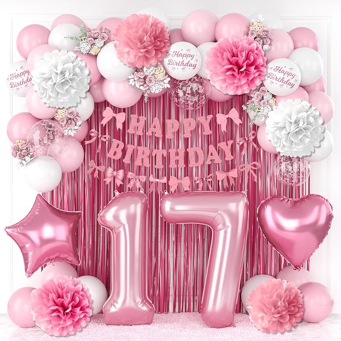 17th Birthday Decorations for Girls Pink Number 17 Balloon Bow Coquette Happy by KAINSY