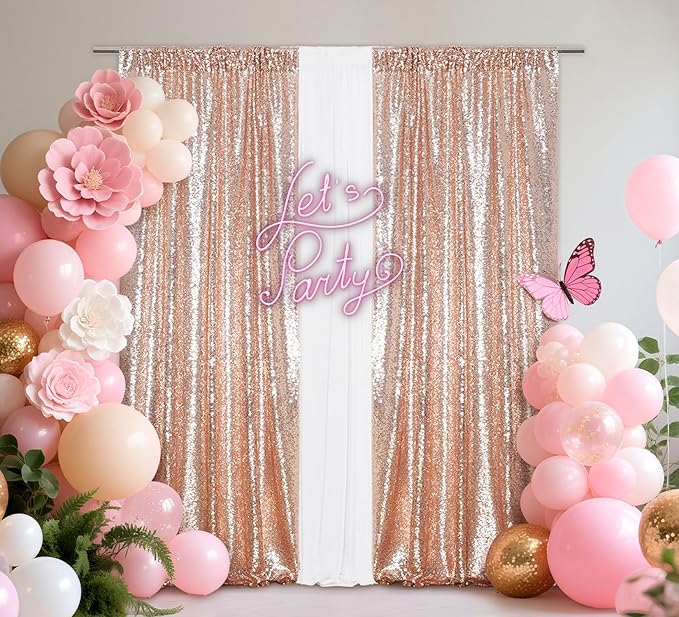 Juya Delight 2Pcs 2FTx8FT Rose Gold Sequin Backdrop Curtains Rose Gold Glitter - Image 5